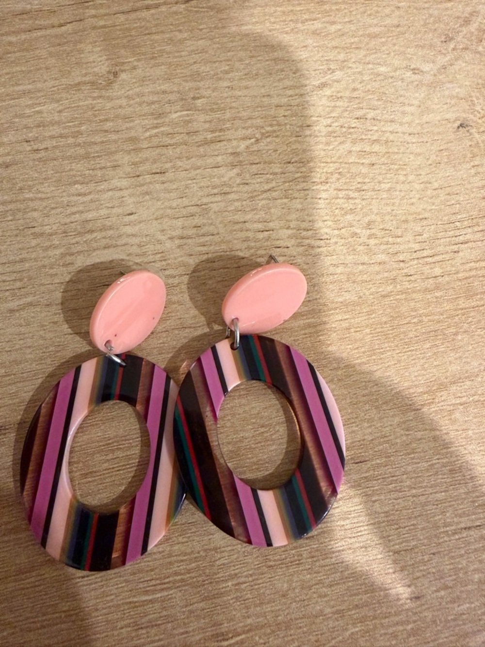 Retro Pink Multi-Stripe Oval Drop Earrings